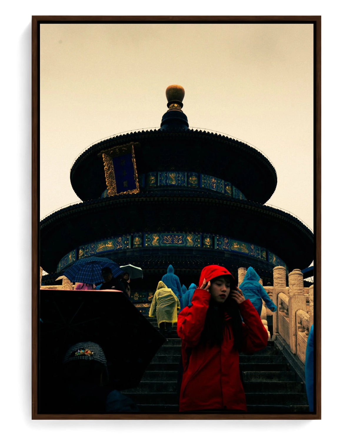 Lady in Red on hand-stretched cotton canvas, brown floater frame