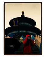 Lady in Red on hand-stretched cotton canvas, brown floater frame