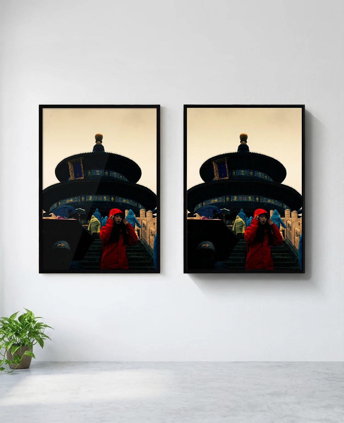 Lady in Red art print in black frame, installed on wall