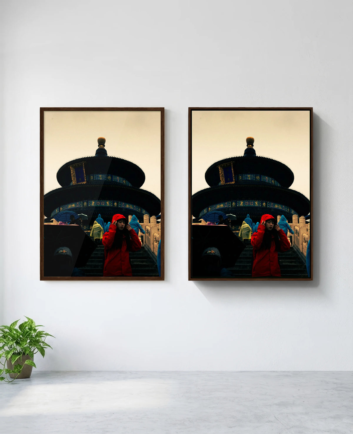 Lady in Red art print in brown frame, installed on wall