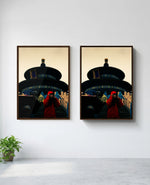 Lady in Red art print in brown frame, installed on wall
