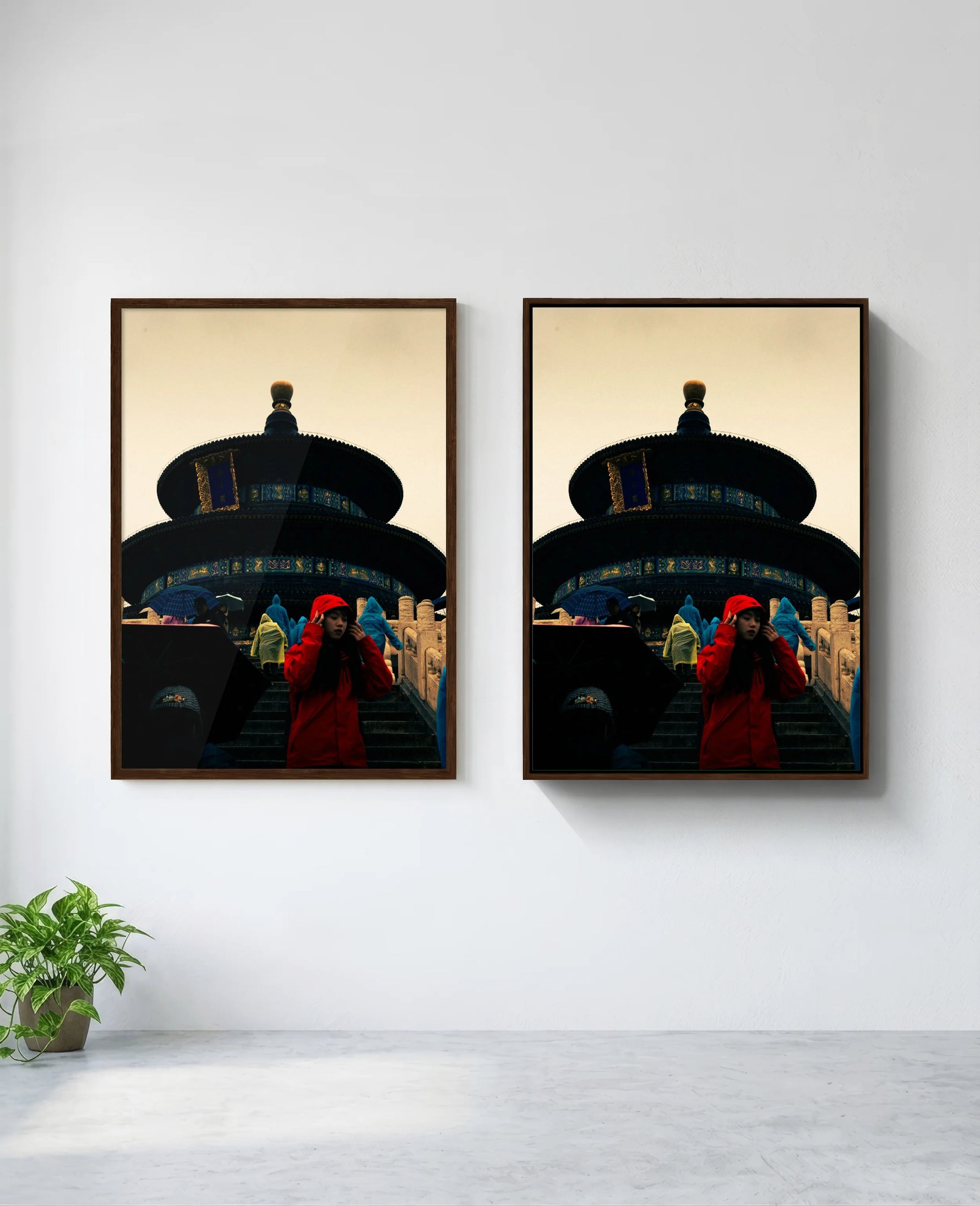 Lady in Red art print in brown frame, installed on wall