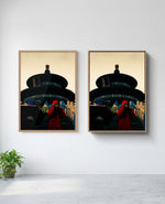 Lady in Red art print in natural-wood frame, installed on wall