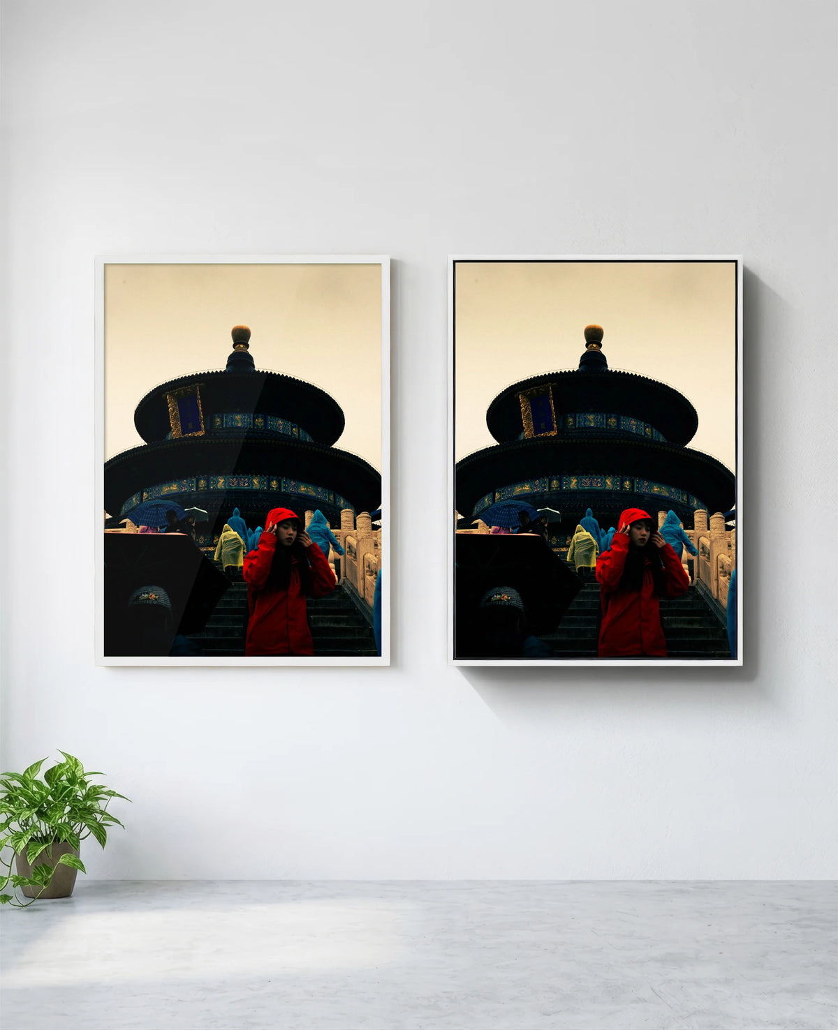 Lady in Red art print in white frame, installed on wall
