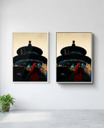 Lady in Red art print in white frame, installed on wall