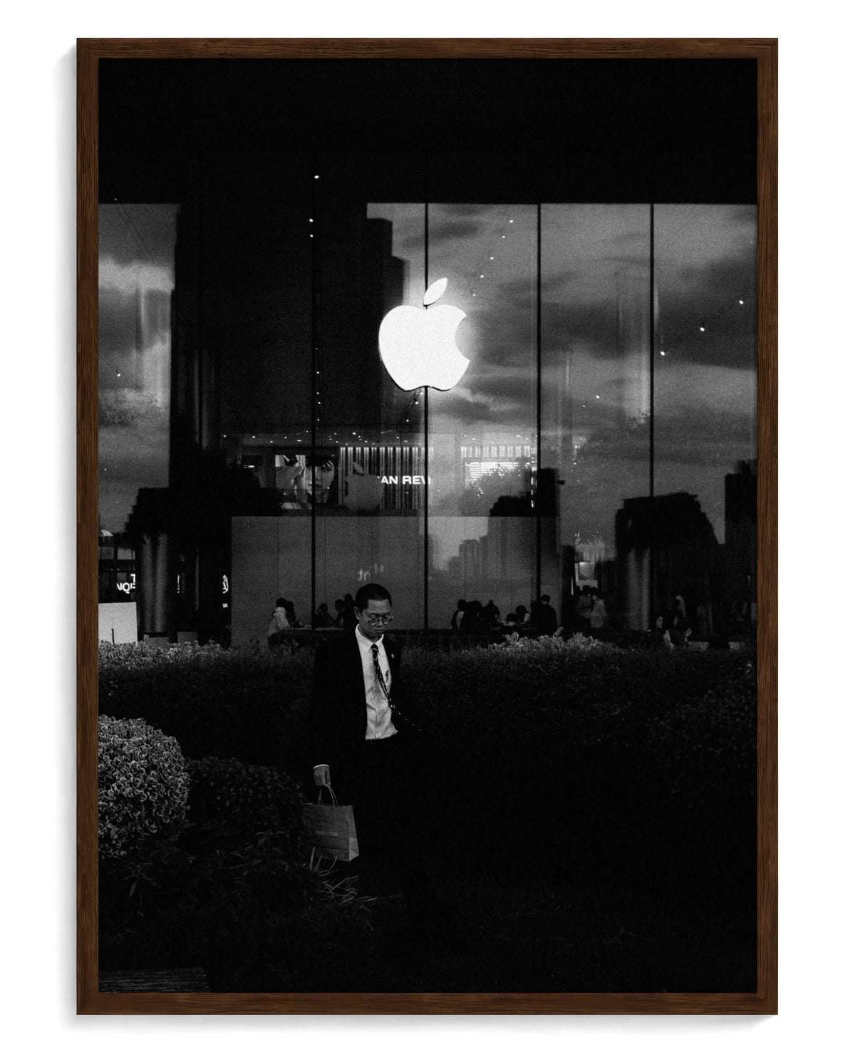 Think Corporate art print, framed in brown wood with acrylic glazing