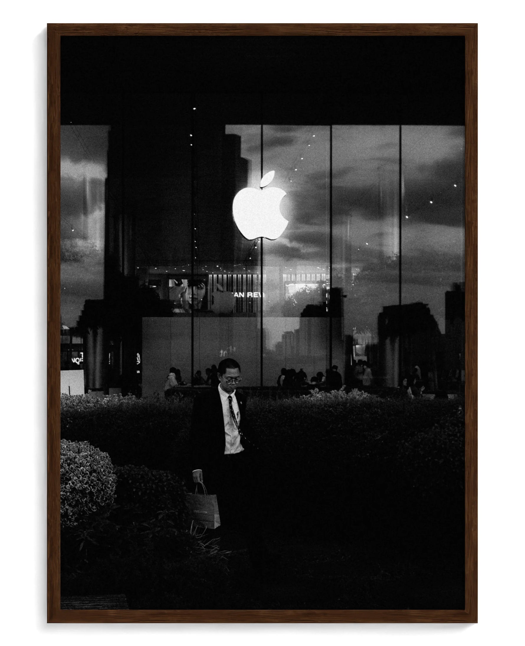 Think Corporate art print, framed in brown wood with acrylic glazing