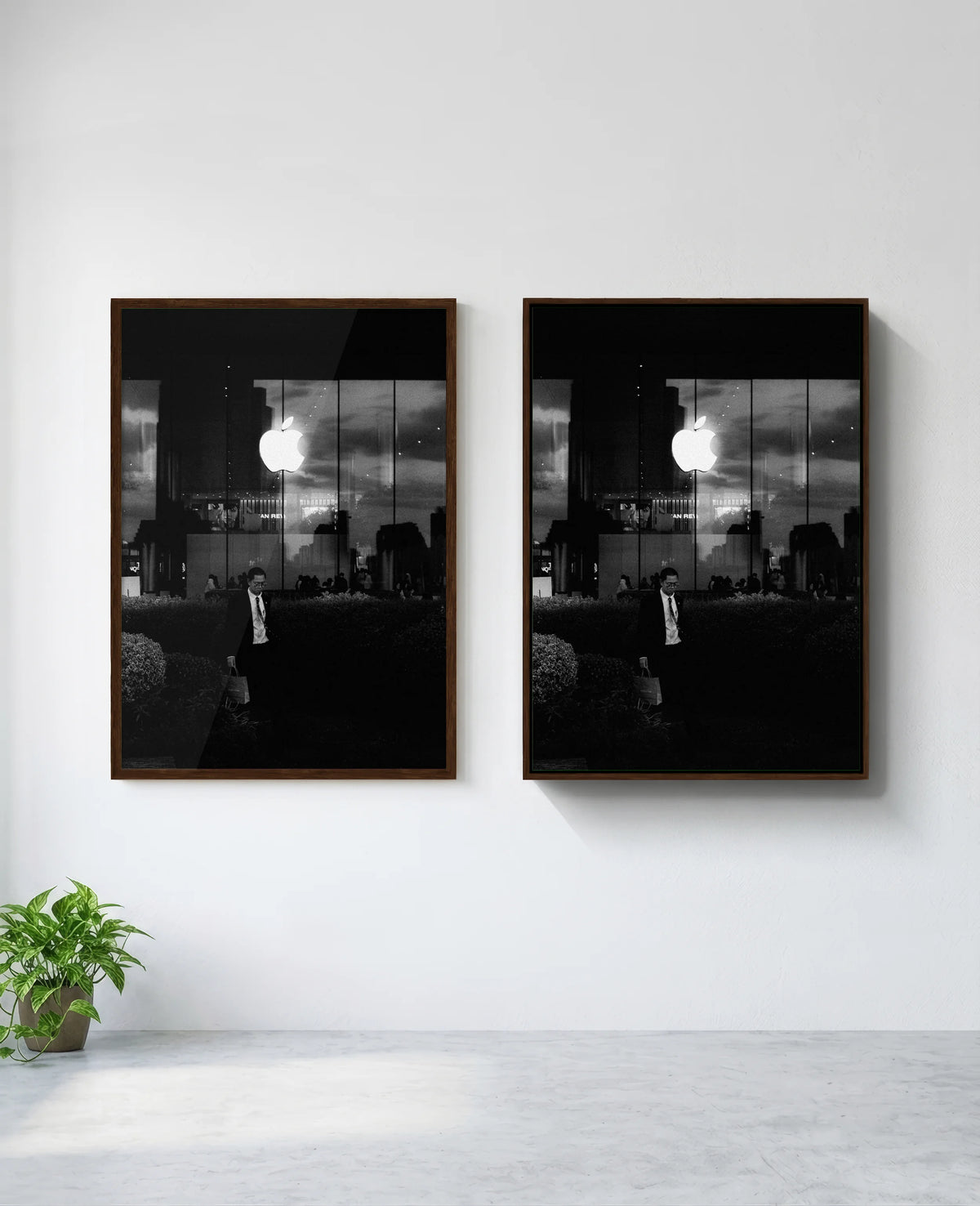 Think Corporate art print in brown frame, installed on wall