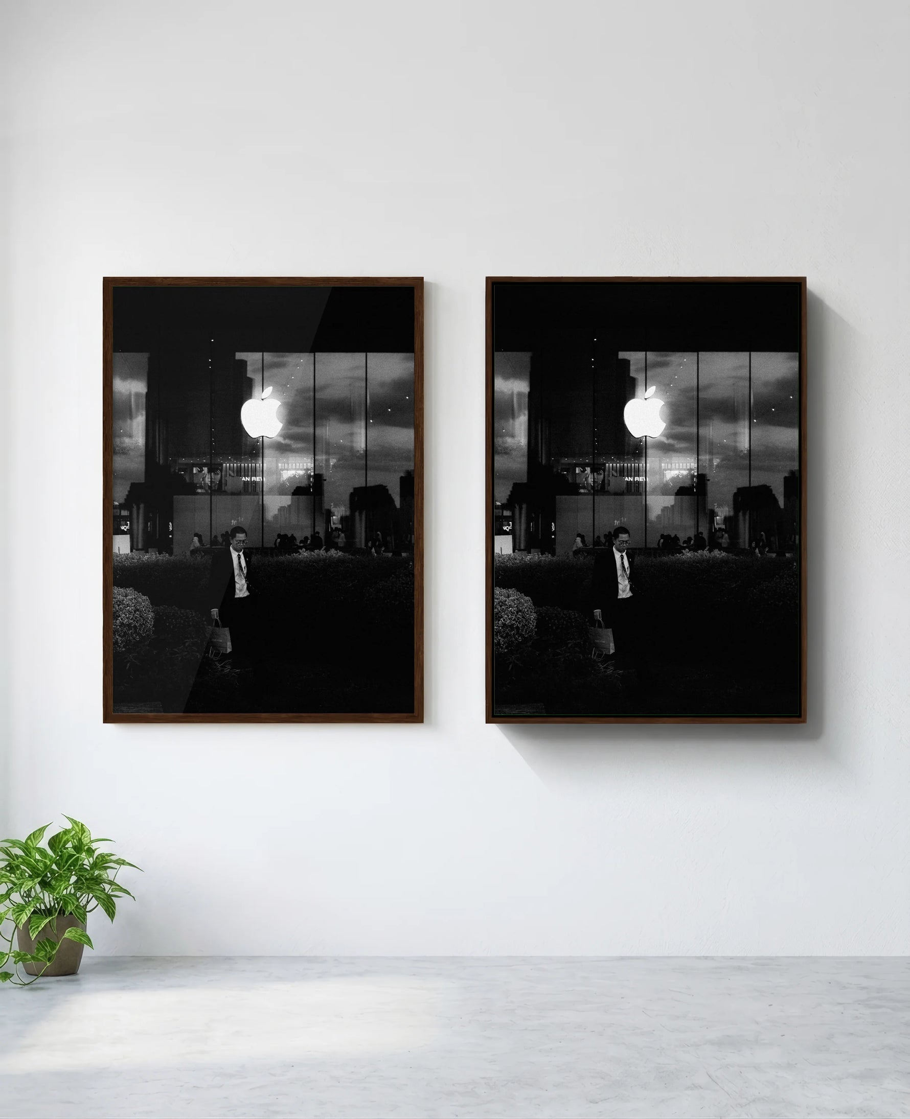 Think Corporate art print in brown frame, installed on wall