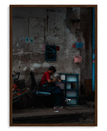 Assembly art print, framed in brown wood with acrylic glazing