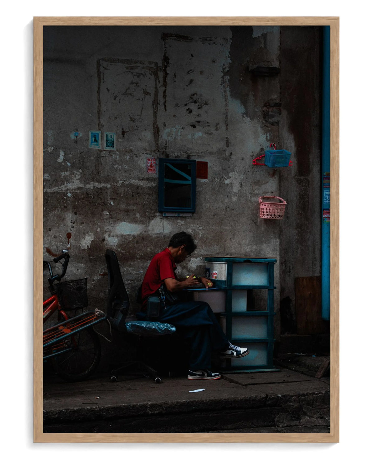 Assembly art print, framed in natural-wood frame with acrylic glazing