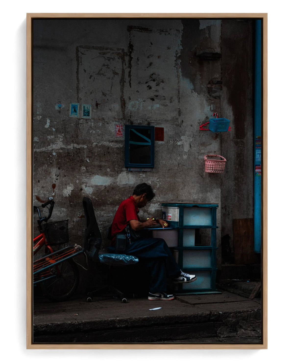 Assembly on hand-stretched cotton canvas, natural-wood floater frame
