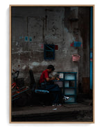 Assembly on hand-stretched cotton canvas, natural-wood floater frame