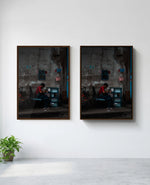 Assembly art print in brown frame, installed on wall