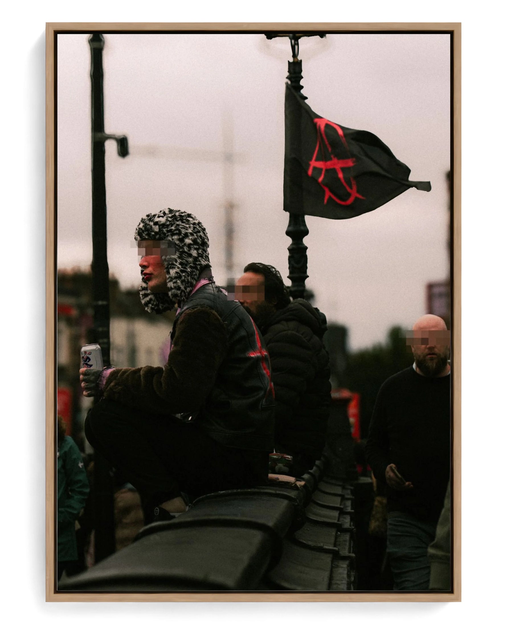 Anarchy on hand-stretched cotton canvas, natural-wood floater frame