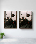 Anarchy art print in brown frame, installed on wall