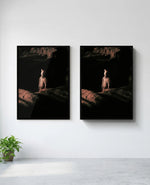 Warrior art print in black frame, installed on wall