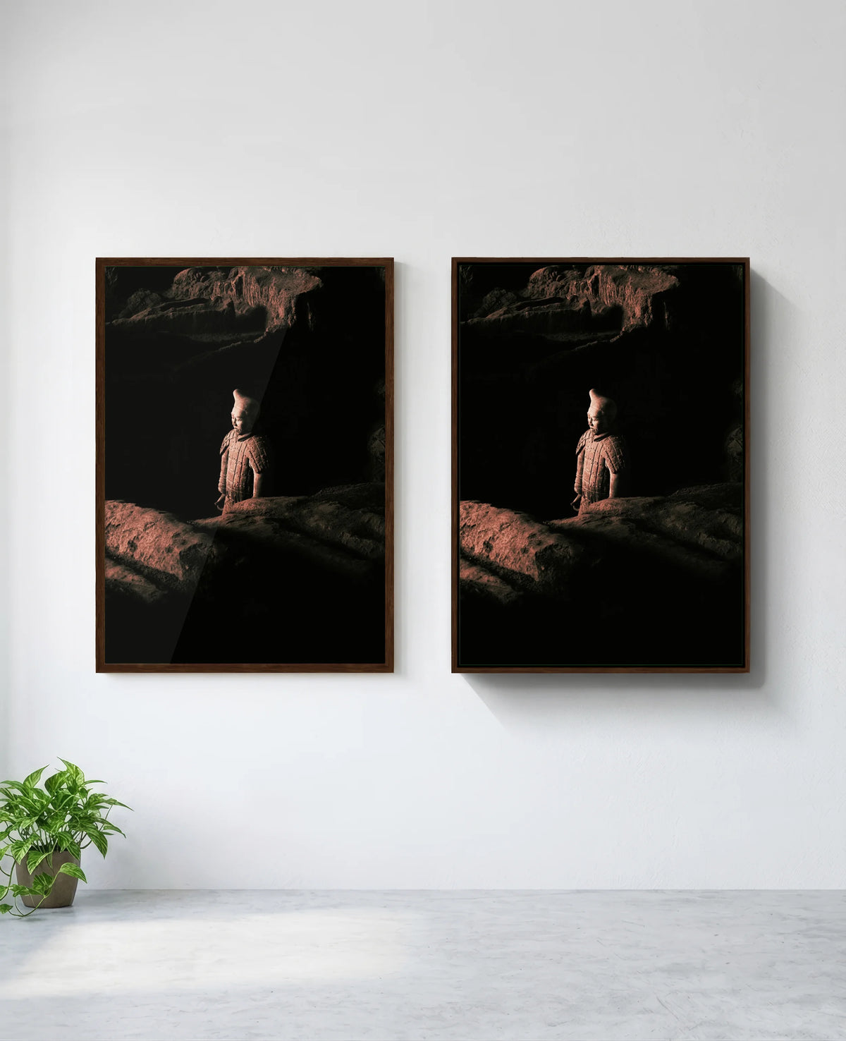 Warrior art print in brown frame, installed on wall