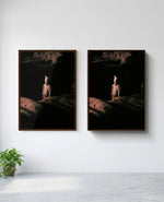 Warrior art print in brown frame, installed on wall