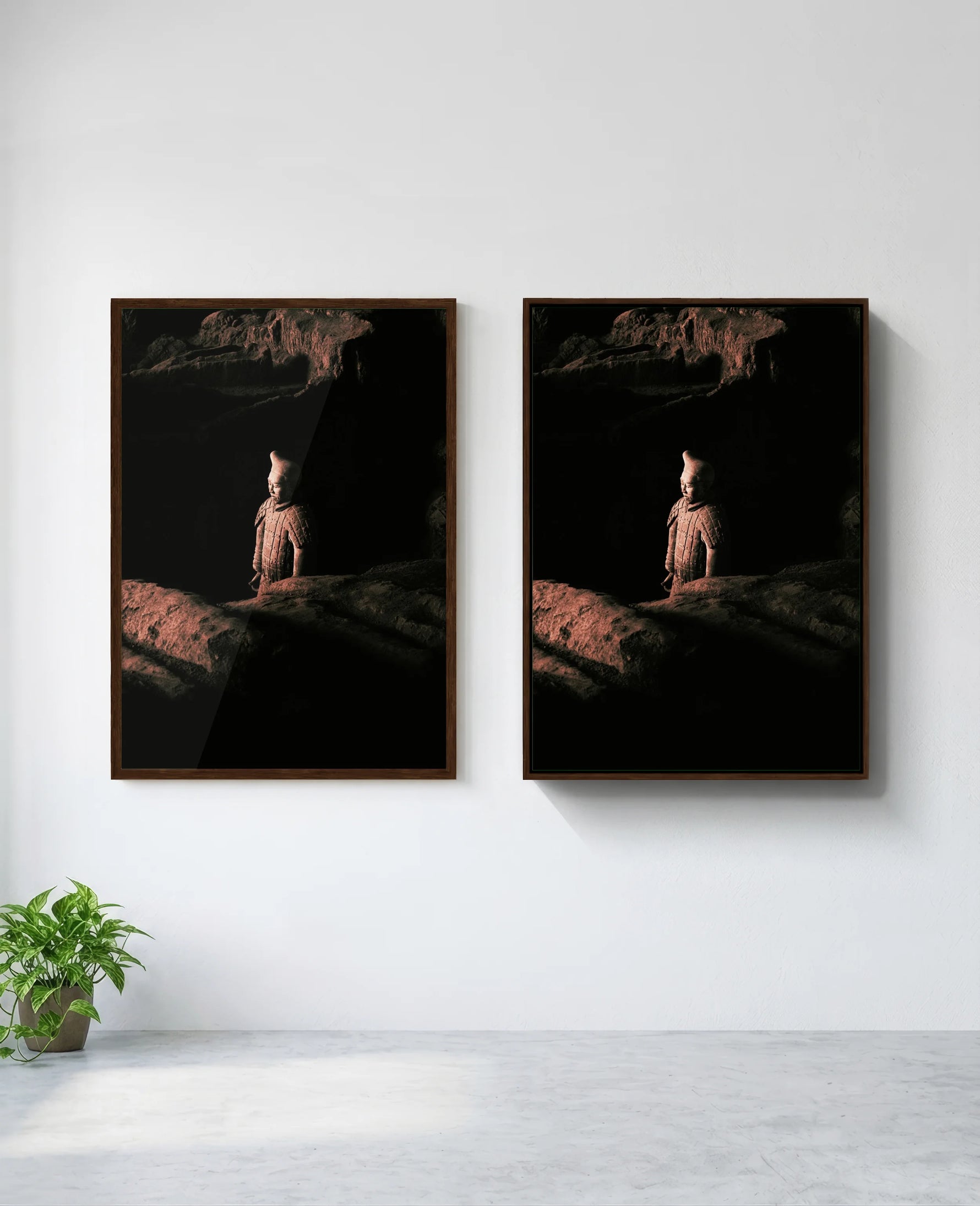 Warrior art print in brown frame, installed on wall