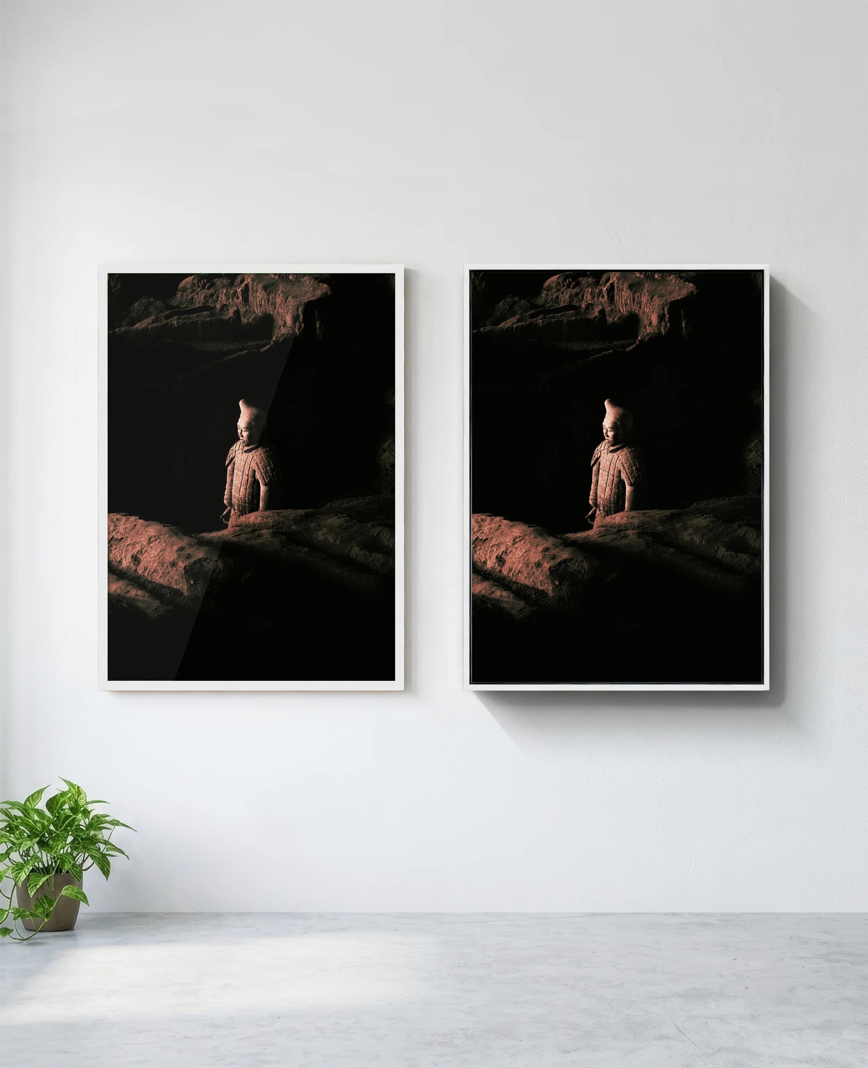 Warrior art print in white frame, installed on wall