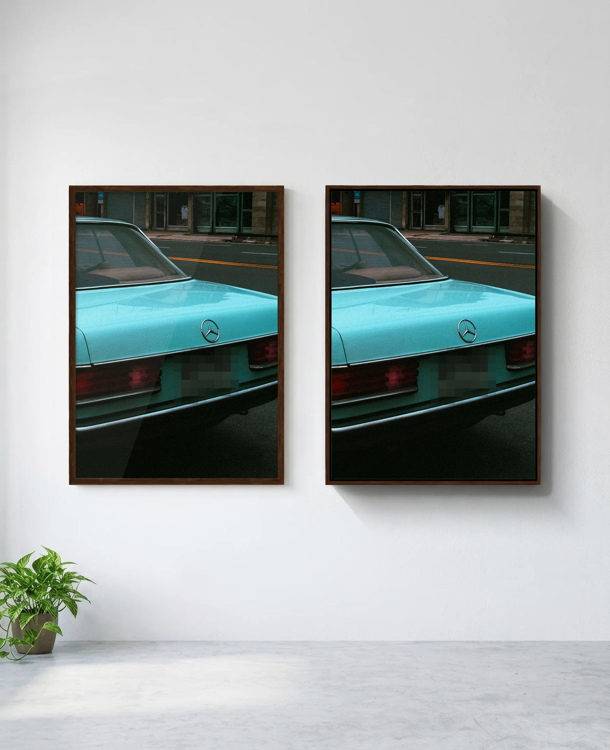 Classic Curves art print in brown frame, installed on wall
