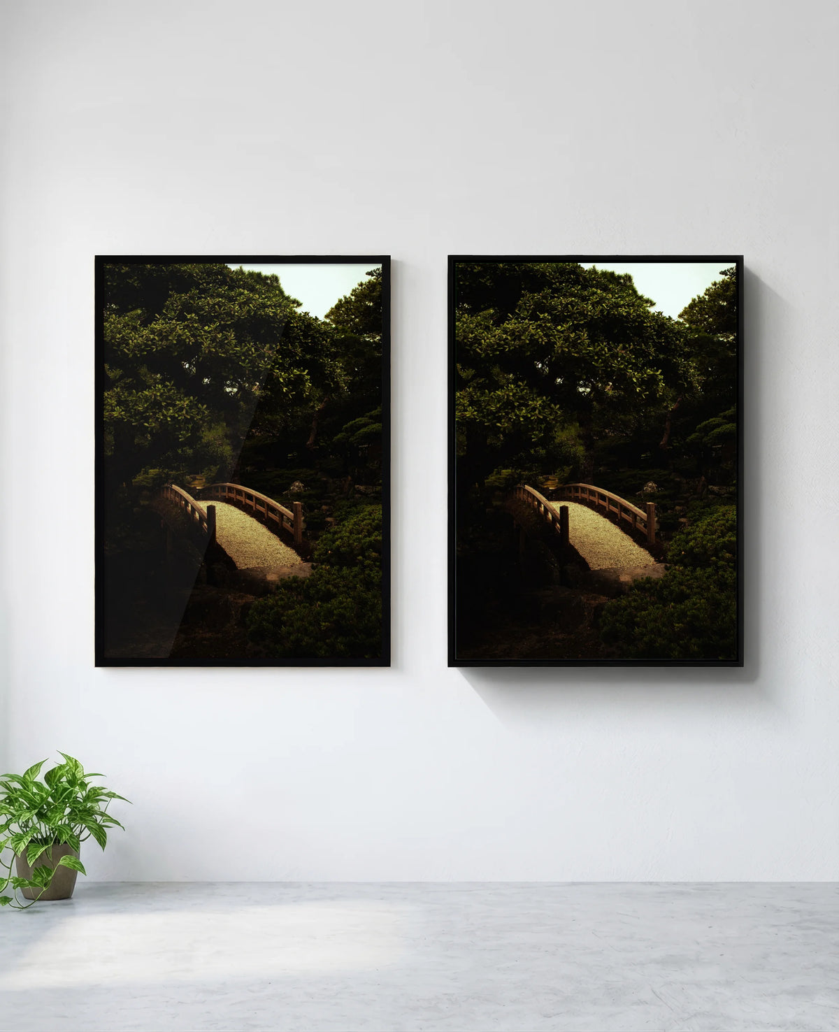Japanese Garden art print in black frame, installed on wall