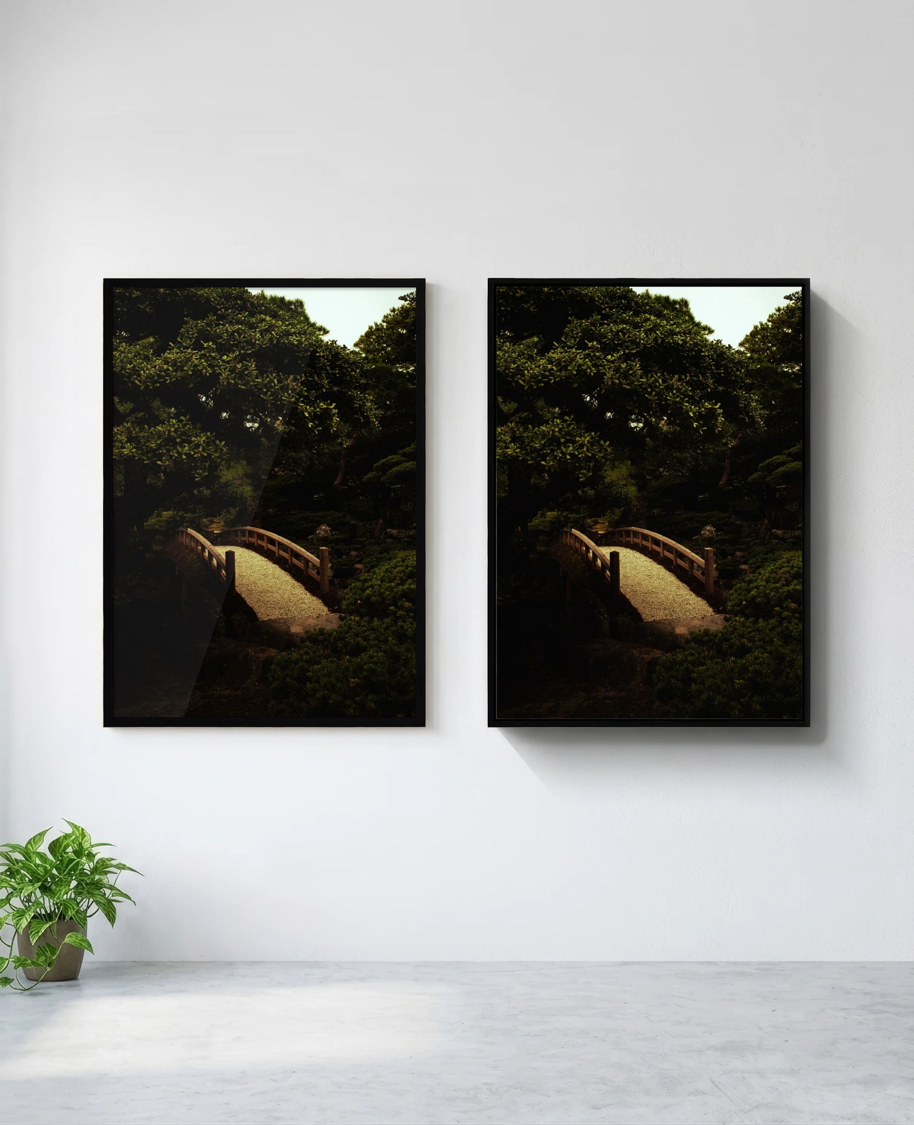 Japanese Garden art print in black frame, installed on wall