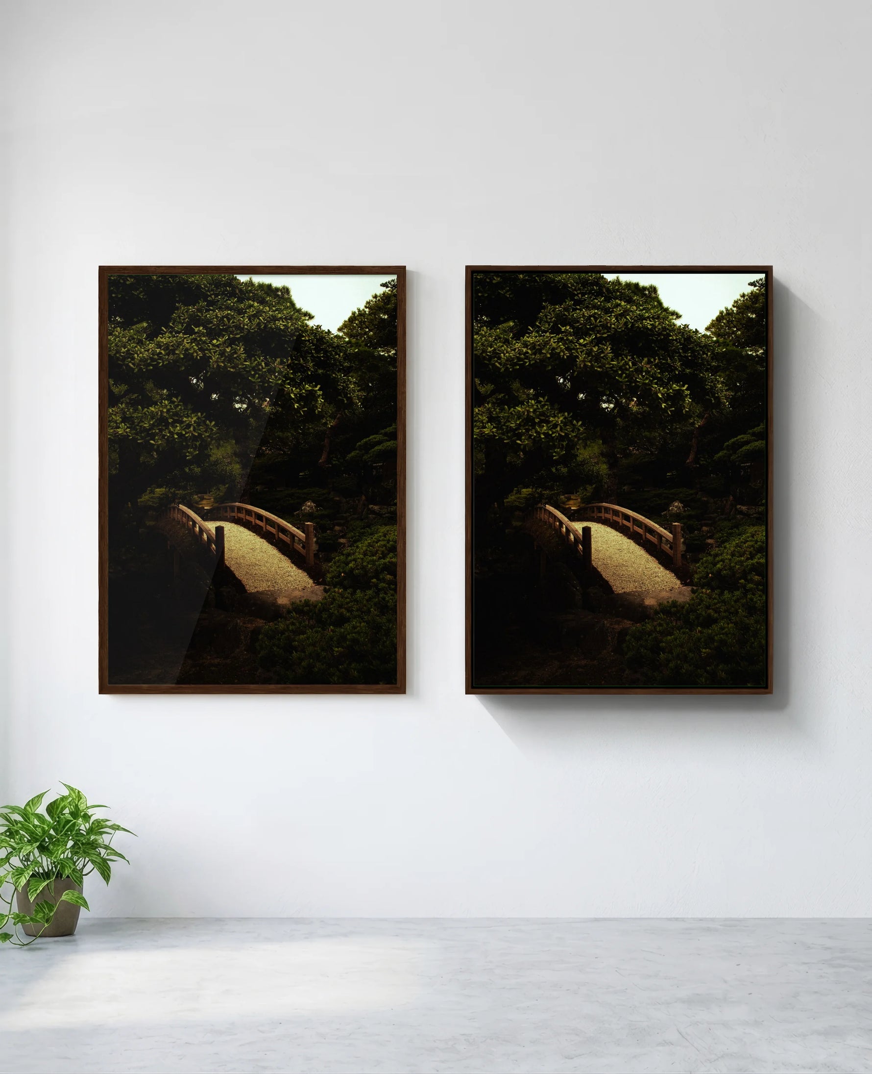 Japanese Garden art print in brown frame, installed on wall