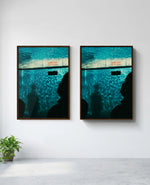 Pool art print in brown frame, installed on wall