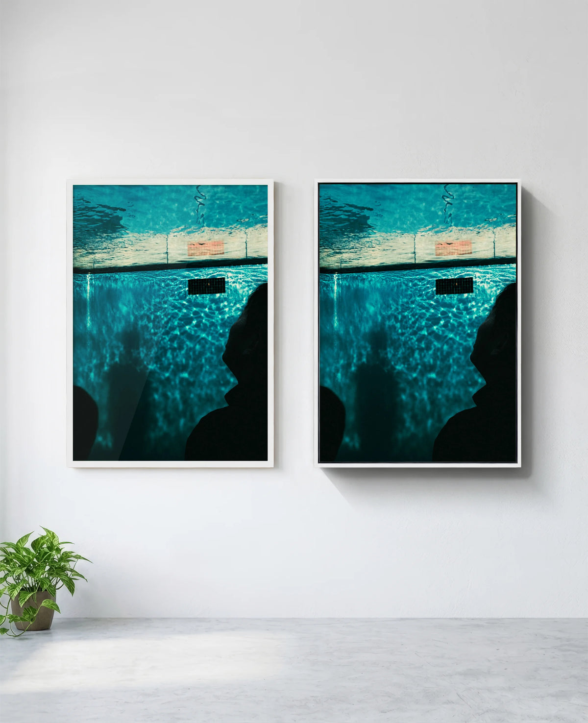 Pool art print in white frame, installed on wall