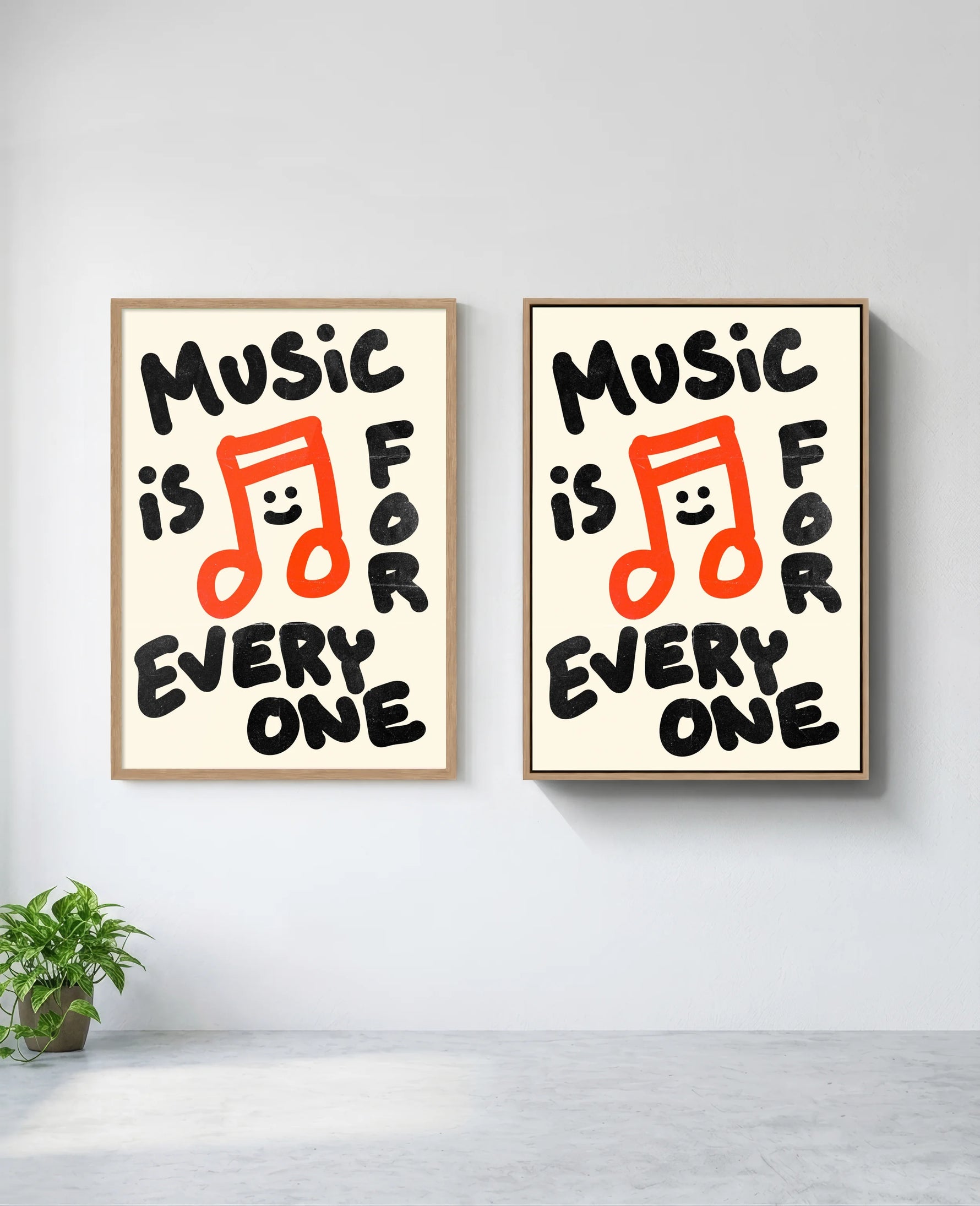 Music is for Everyone art print in natural-wood frame, installed on wall