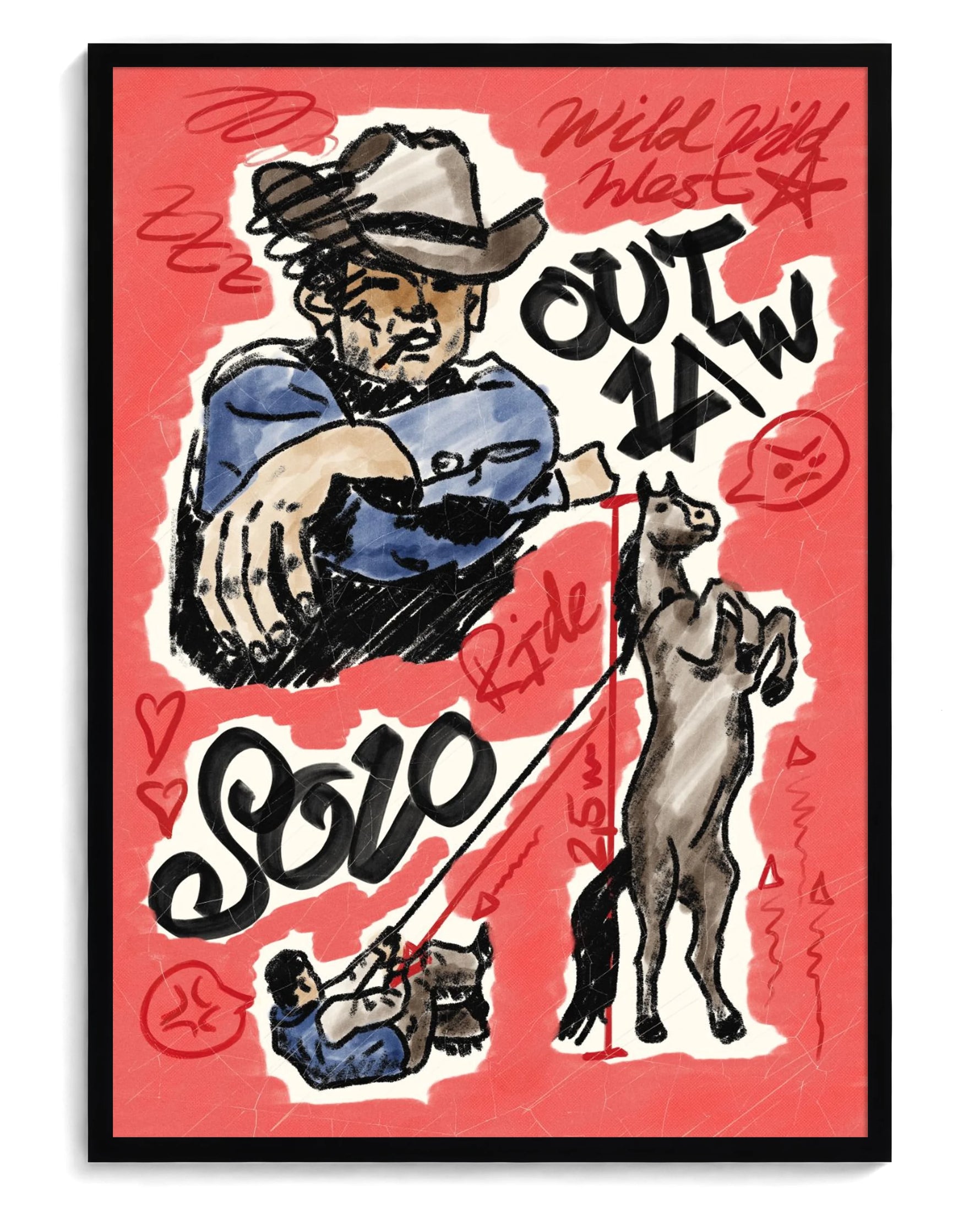 Outlaw art print, framed in black wood with acrylic glazing