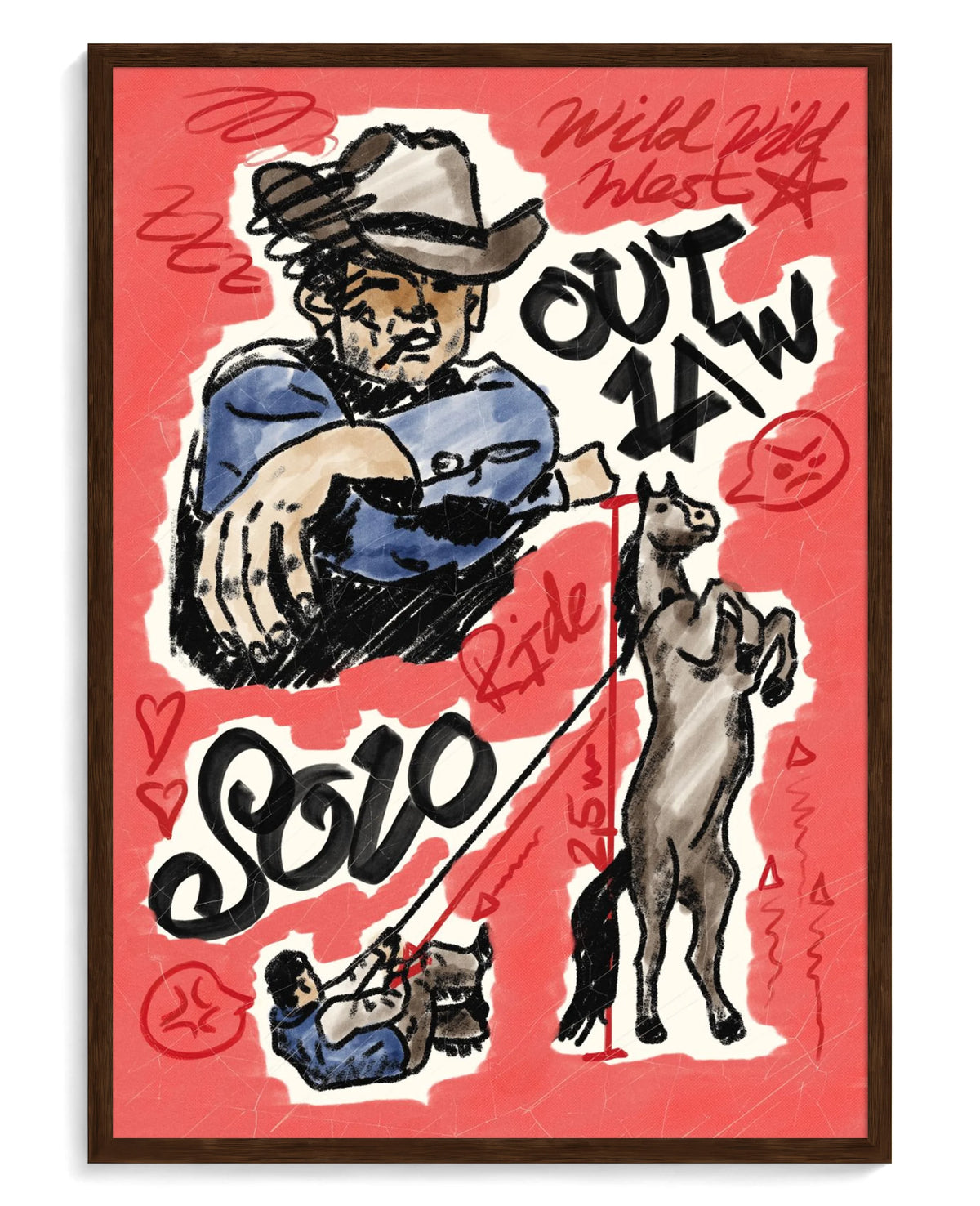 Outlaw art print, framed in brown wood with acrylic glazing