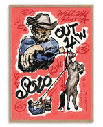 Outlaw art print, framed in natural-wood frame with acrylic glazing