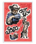 Outlaw art print, framed in white wood with acrylic glazing