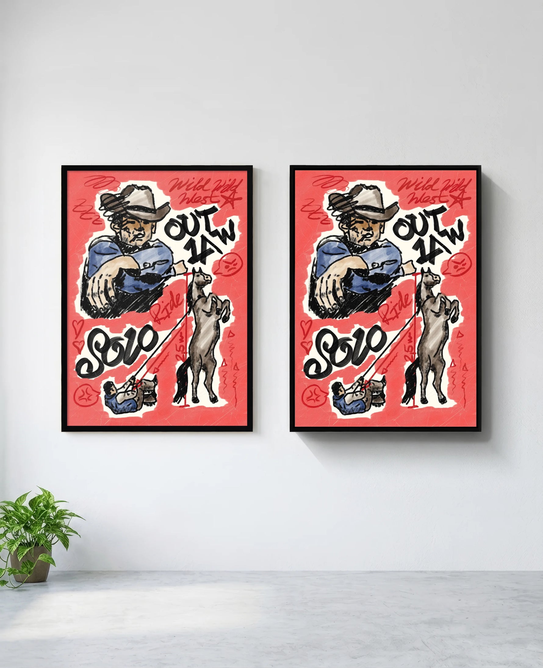 Outlaw art print in black frame, installed on wall