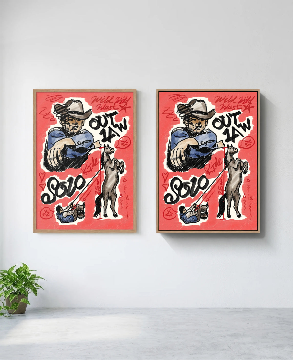 Outlaw art print in natural-wood frame, installed on wall