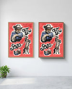 Outlaw art print in natural-wood frame, installed on wall