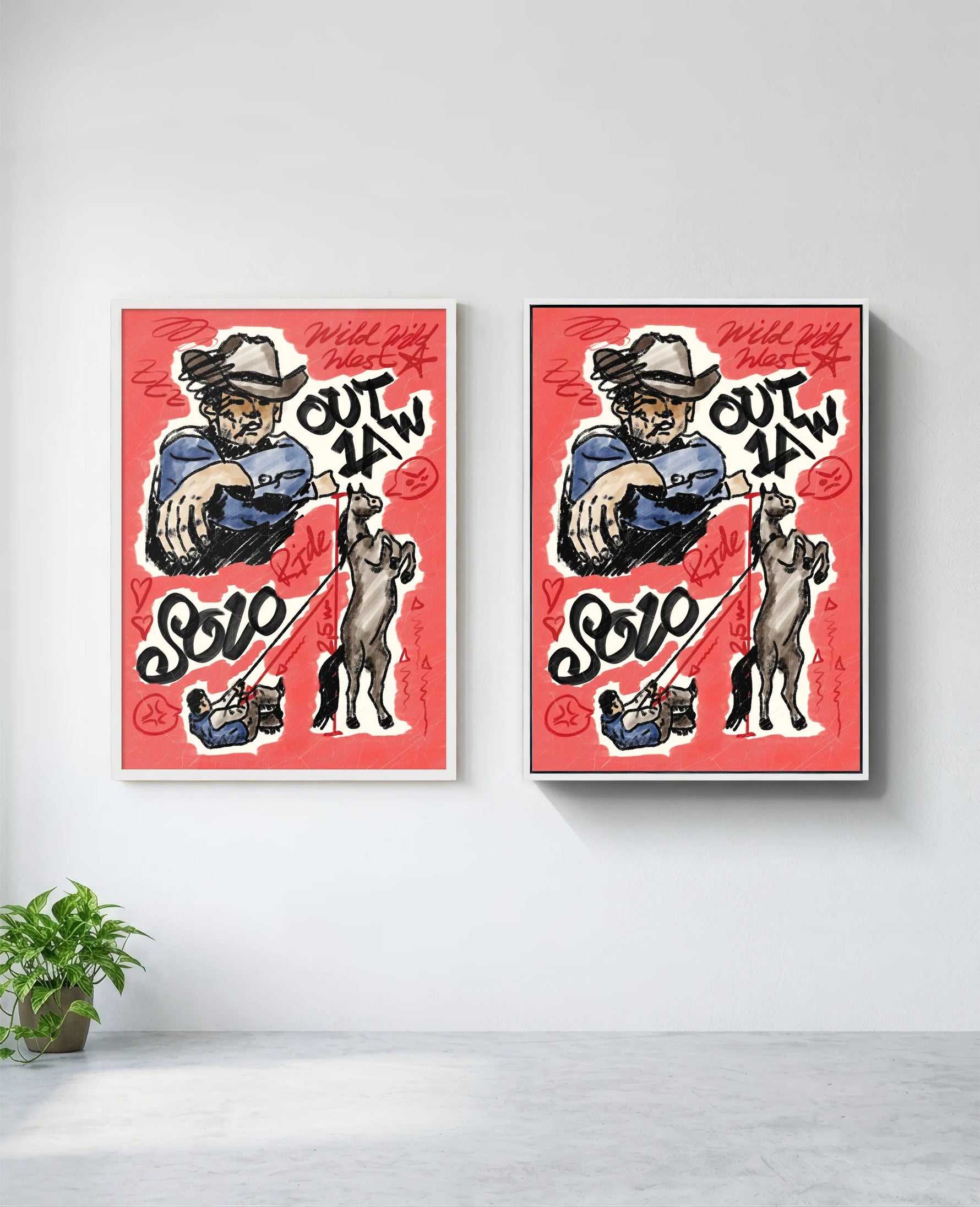 Outlaw art print in white frame, installed on wall