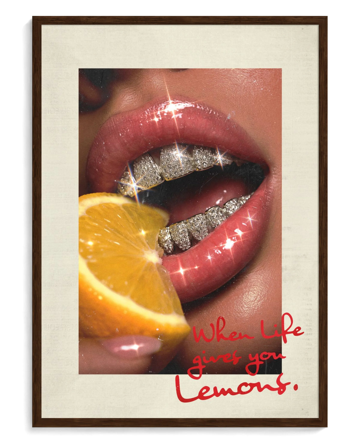 Lemons art print, framed in brown wood with acrylic glazing