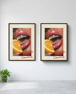 Lemons art print in brown frame, installed on wall