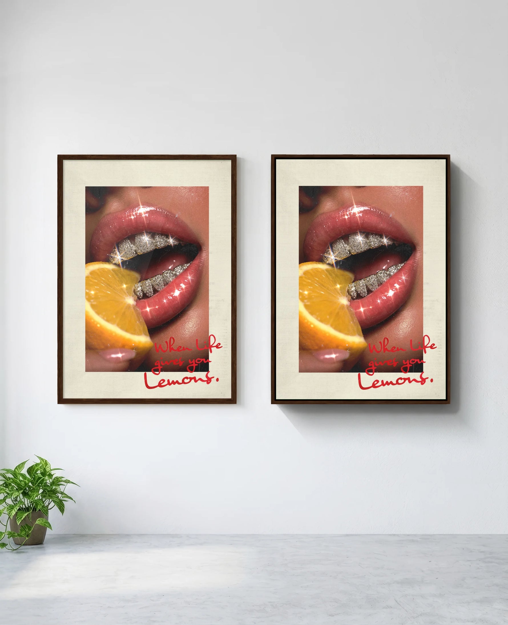 Lemons art print in brown frame, installed on wall