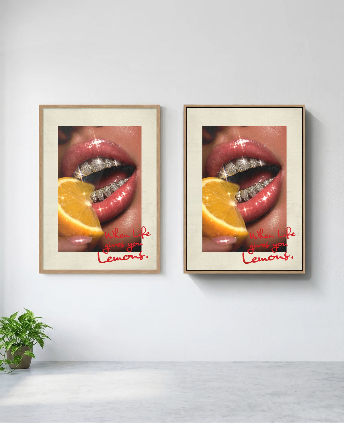 Lemons art print in natural-wood frame, installed on wall