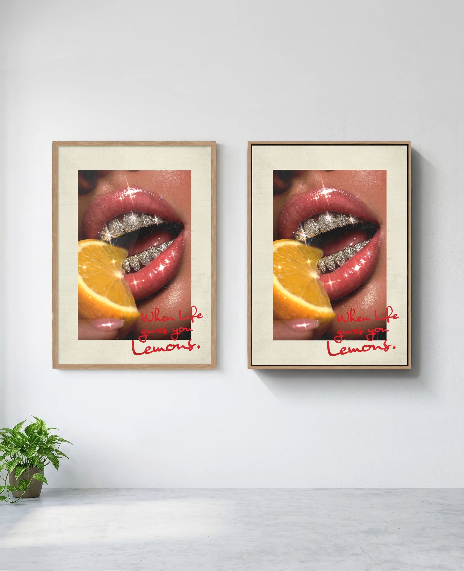 Lemons art print in natural-wood frame, installed on wall
