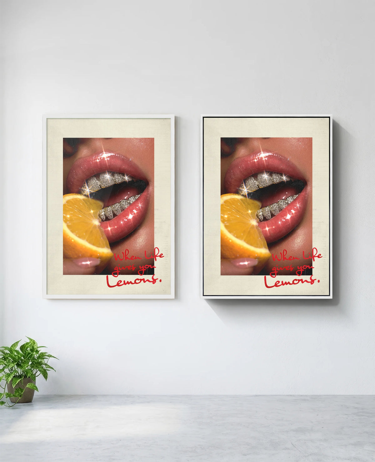 Lemons art print in white frame, installed on wall