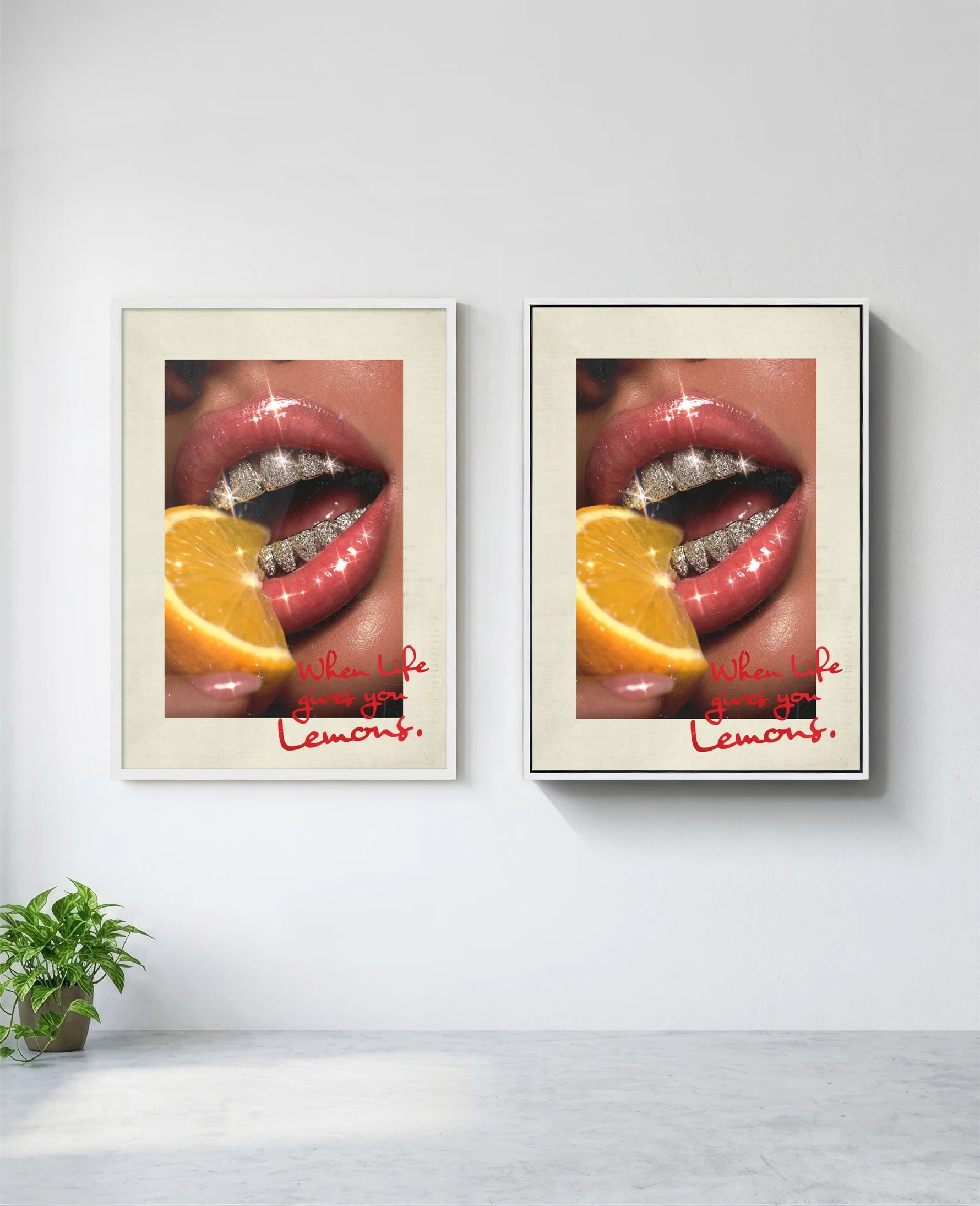 Lemons art print in white frame, installed on wall
