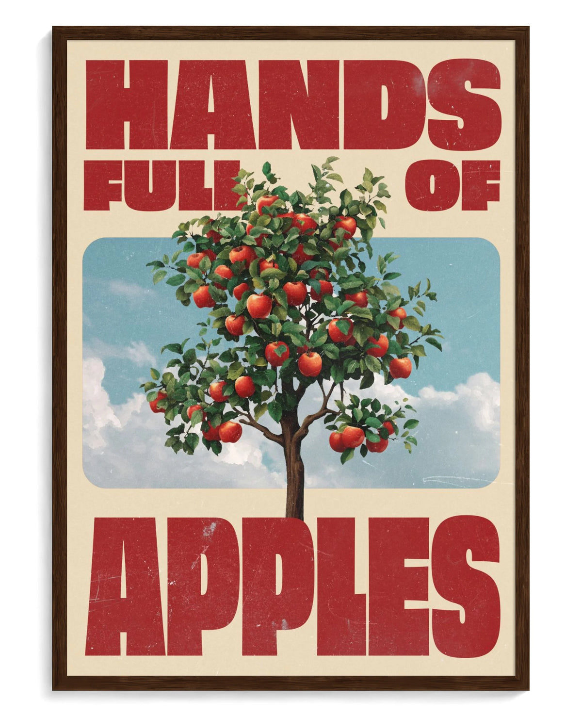 Hands Full of Apples art print, framed in brown wood with acrylic glazing