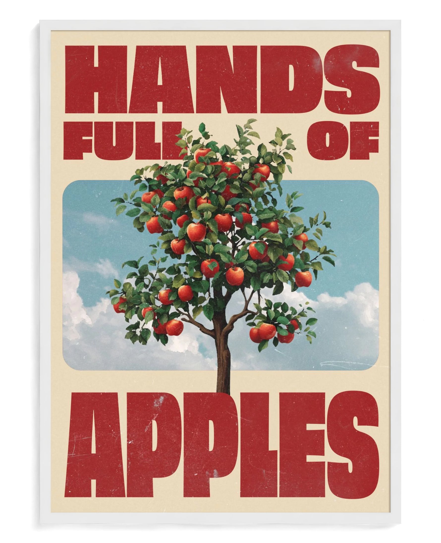 Hands Full of Apples art print, framed in white wood with acrylic glazing