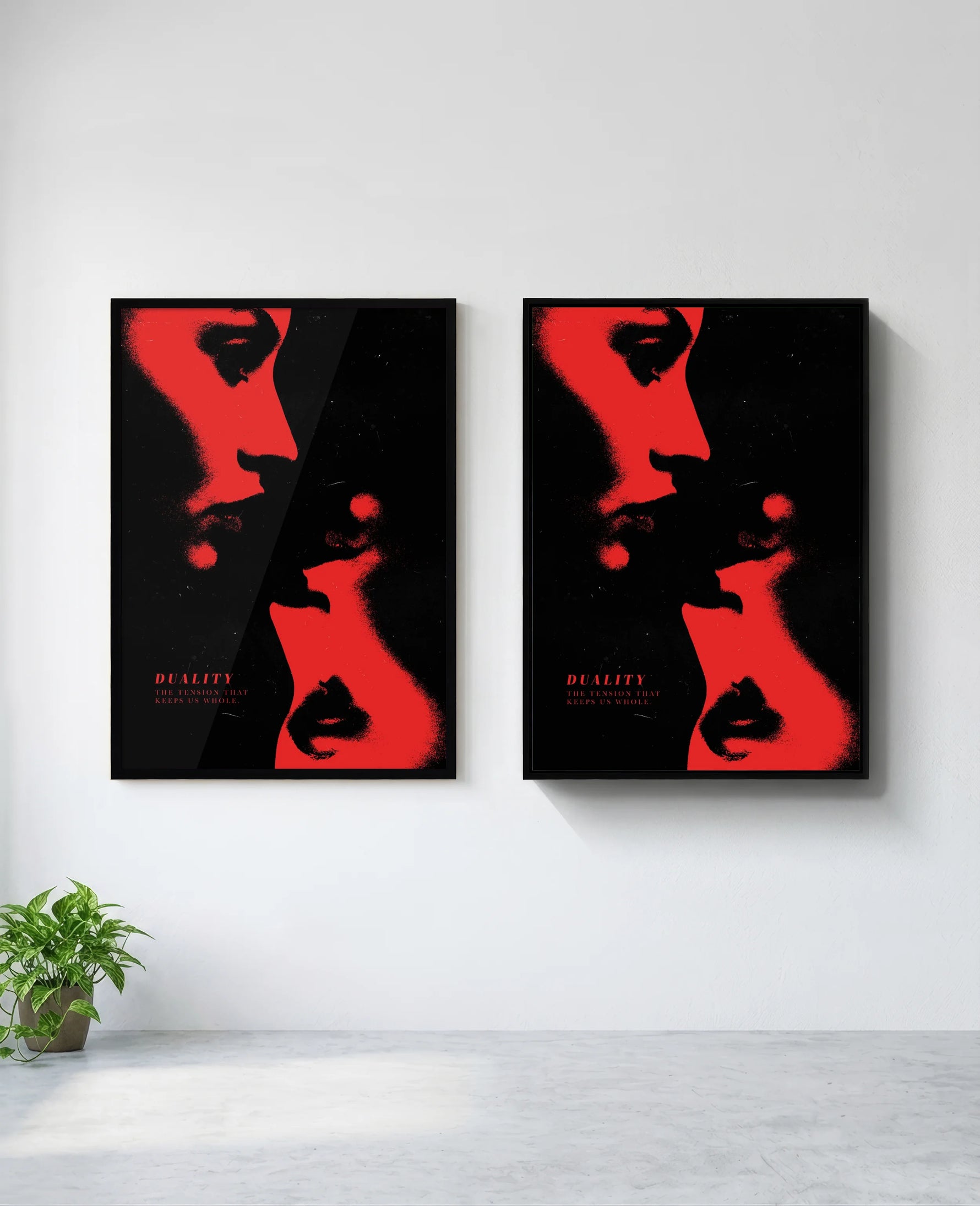 Duality art print in black frame, installed on wall